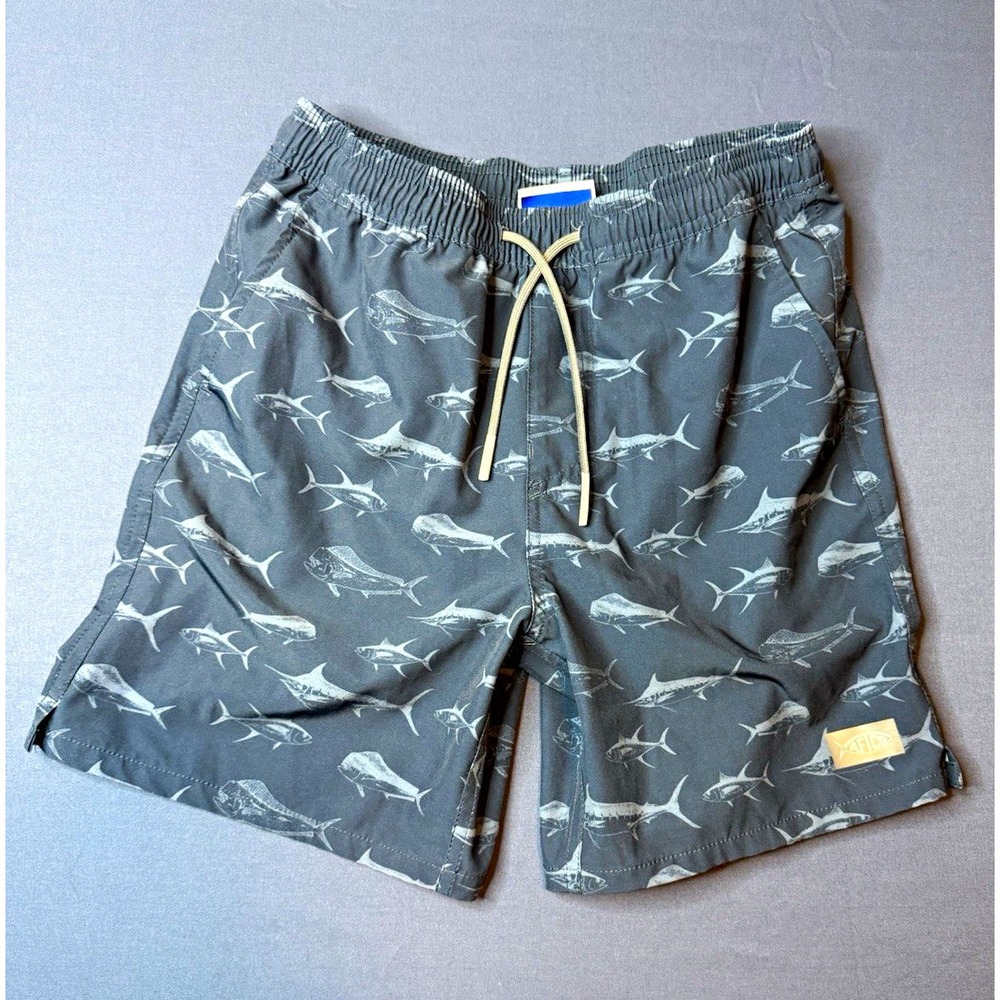 AFTCO Boys Gray Fish Print Swim Shorts 10-11 Years Drawstring Elastic Waist